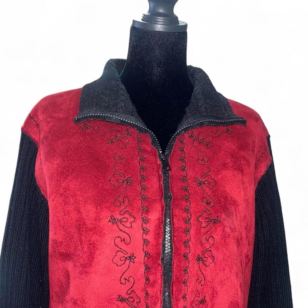 Coldwater Creek Women's Red and Black Embroidered Knit Faux Suede Jacket SZ M/L